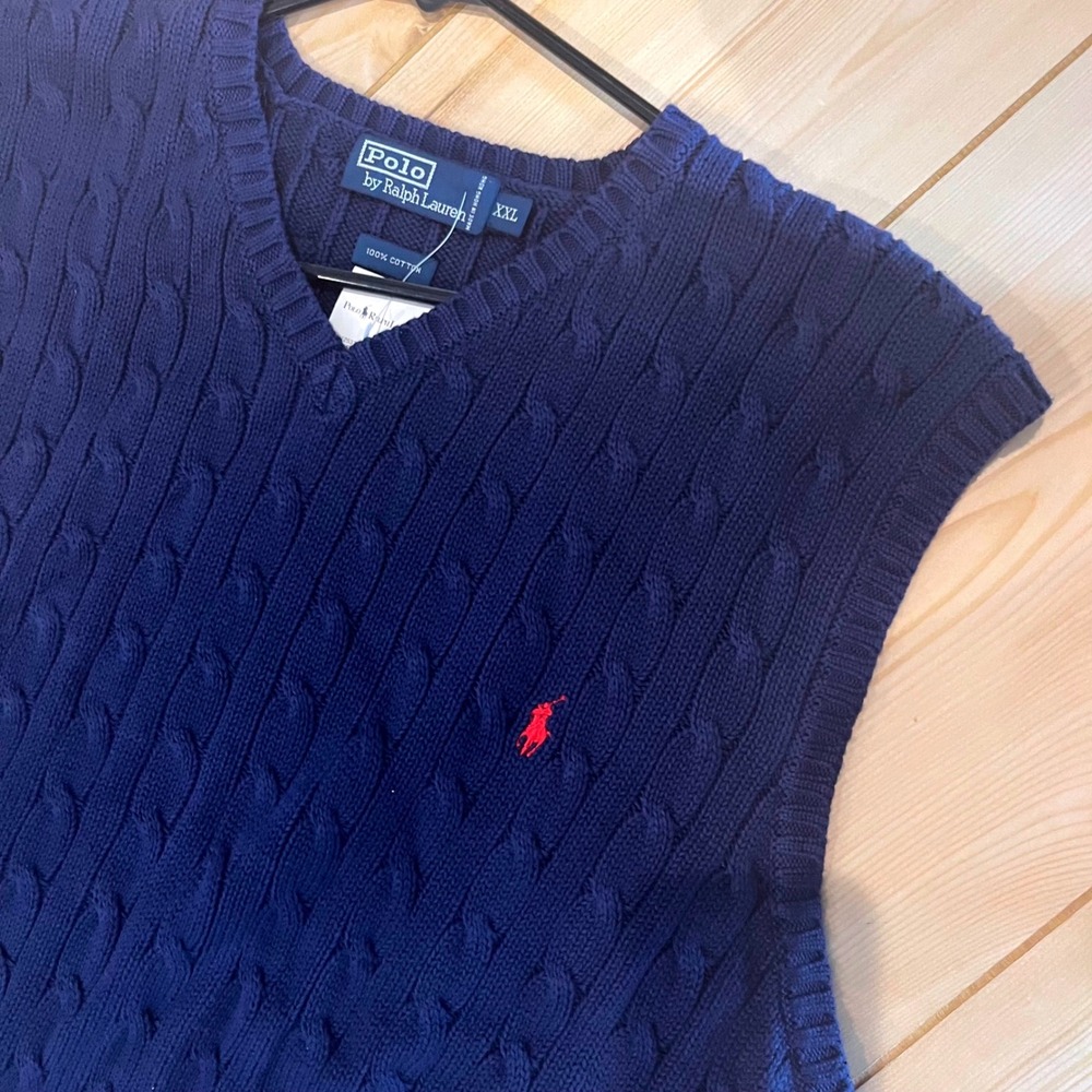 Polo by Ralph Lauren Navy Cable-Knit V-Neck Sweater Vest with Red Pony Logo